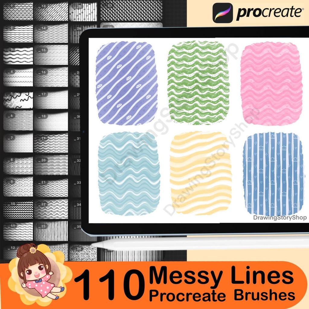110 Procreate Messy Lines Brush Set | Seamless Hand-Drawn Pattern Brushes (Stripes, Checks & Grids)
