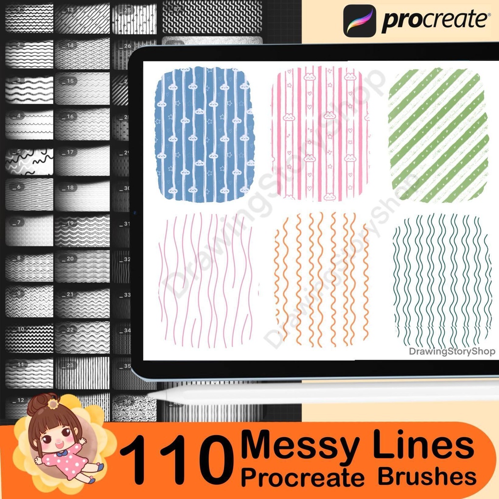 110 Procreate Messy Lines Brush Set | Seamless Hand-Drawn Pattern Brushes (Stripes, Checks & Grids)