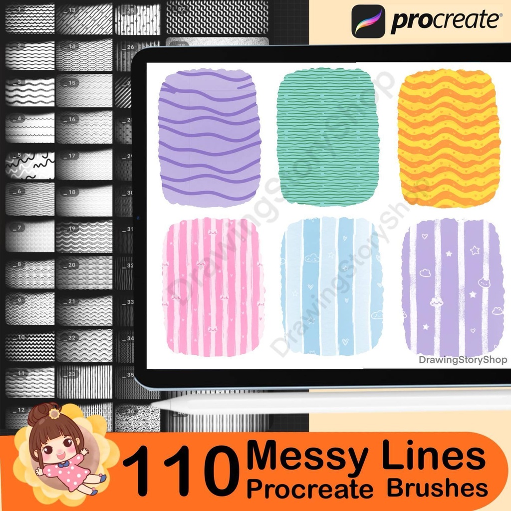 110 Procreate Messy Lines Brush Set | Seamless Hand-Drawn Pattern Brushes (Stripes, Checks & Grids)