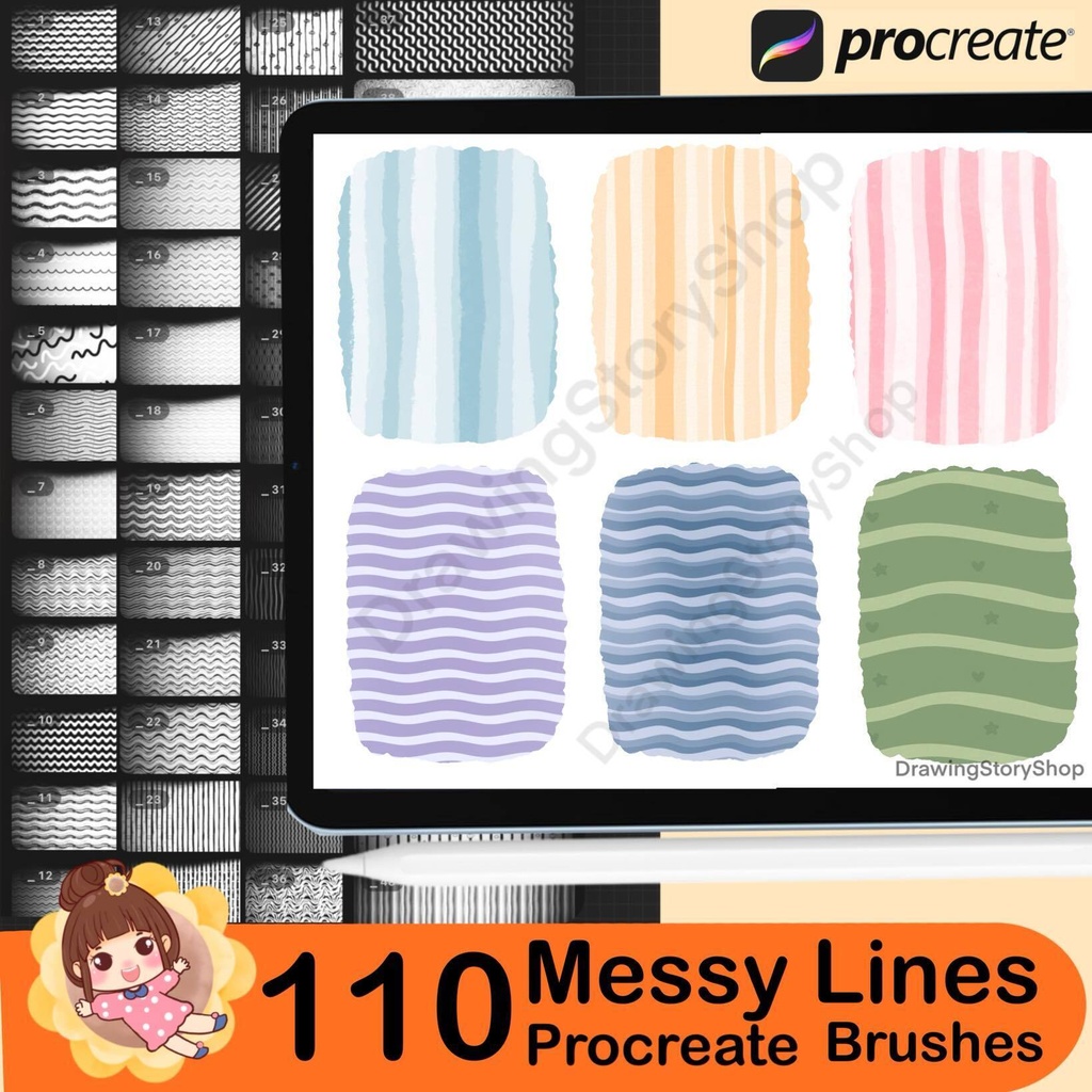110 Procreate Messy Lines Brush Set | Seamless Hand-Drawn Pattern Brushes (Stripes, Checks & Grids)