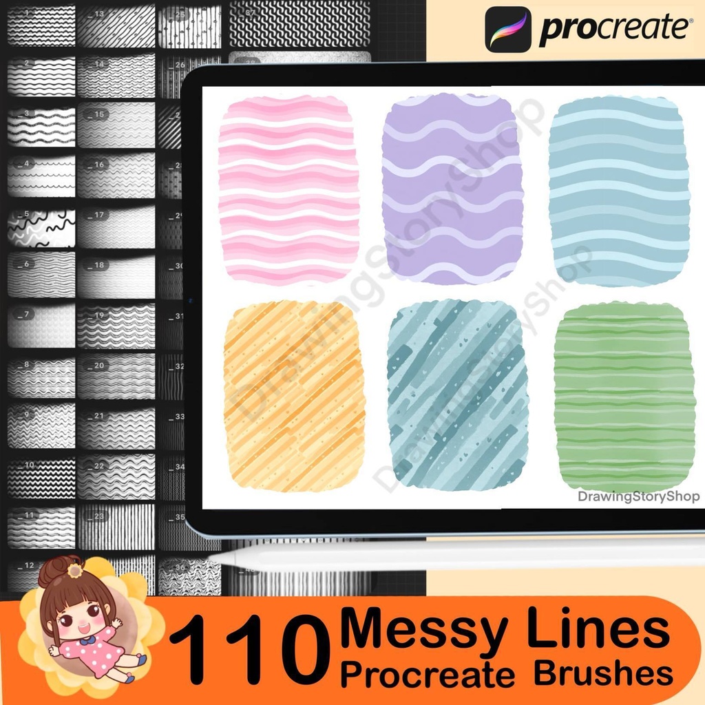 110 Procreate Messy Lines Brush Set | Seamless Hand-Drawn Pattern Brushes (Stripes, Checks & Grids)