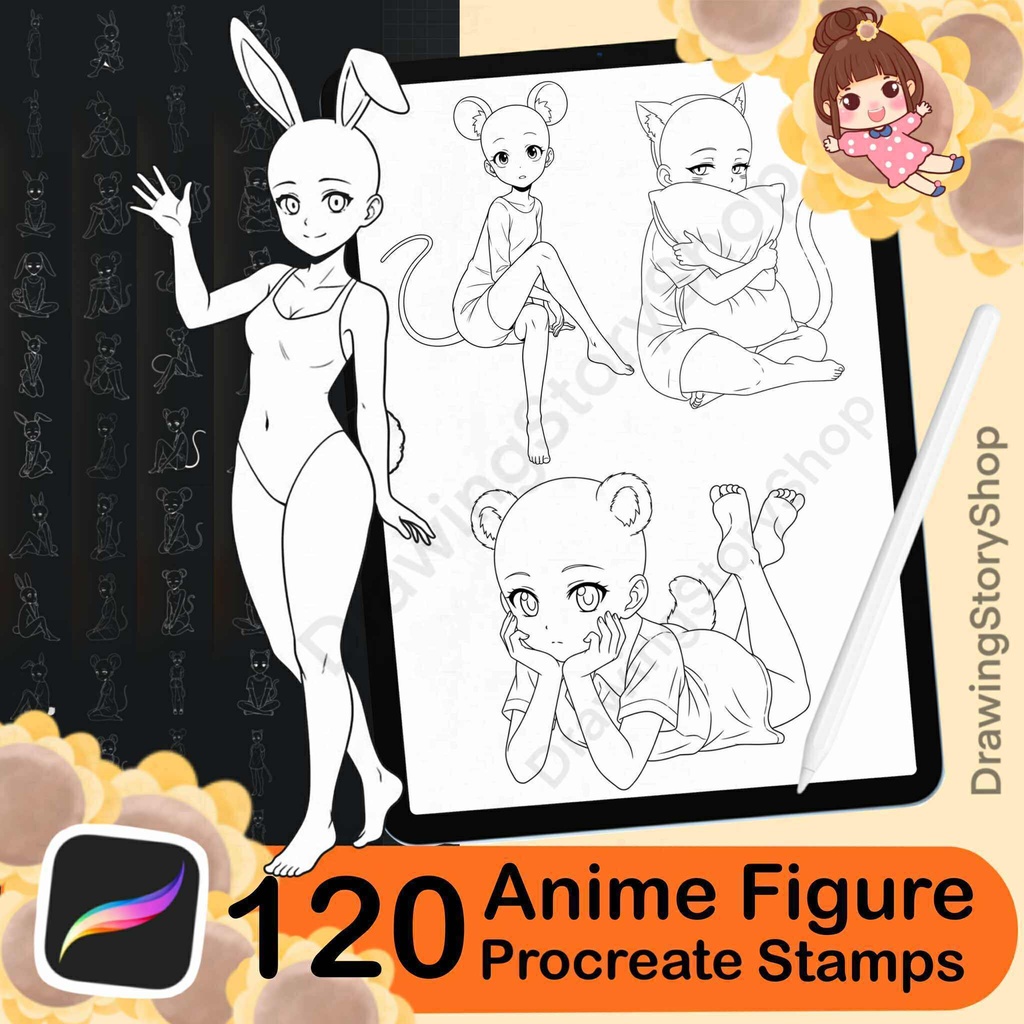 120 Procreate Anime Girl Stamps | Kawaii Animal Outfit Bases | Manga Character Pose Set