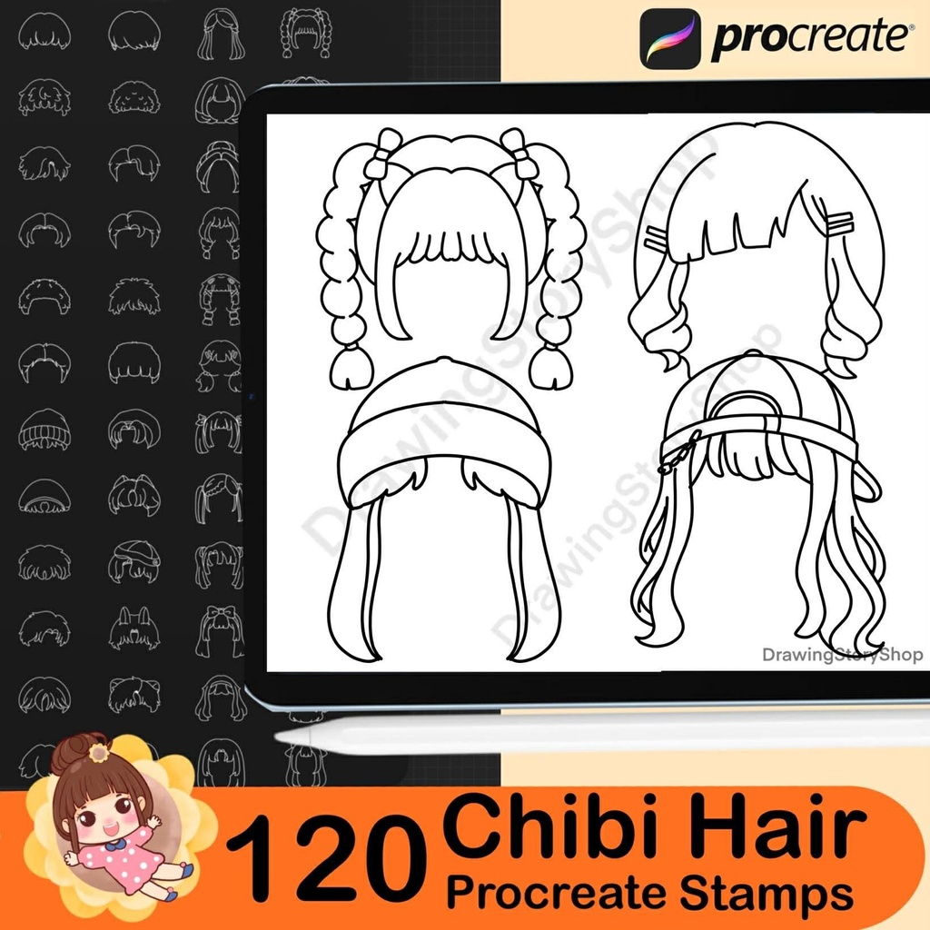 120 Procreate Hair Stamp Brushes, Chibi Hair Brushes, Hairstyles Stamps, Anime Hair Brushes,Procreate Hairstyle Stamps