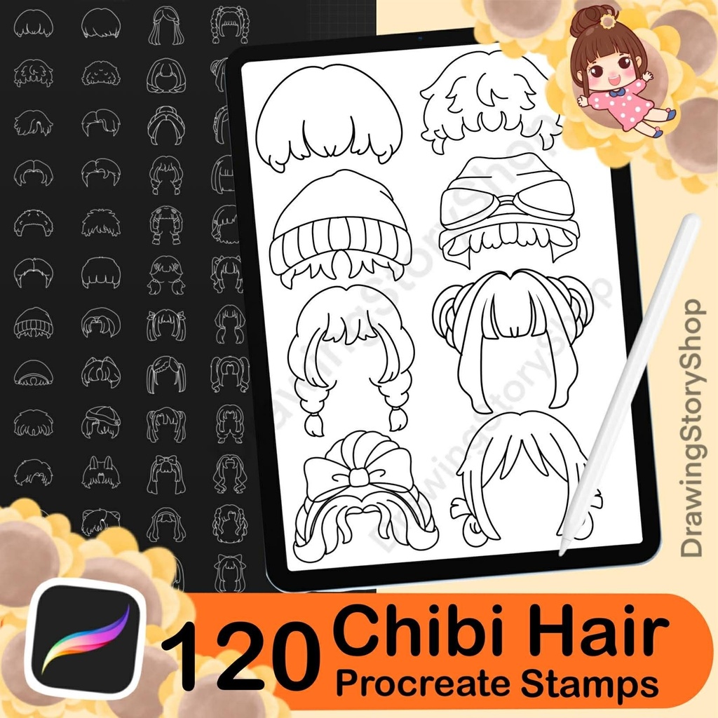 120 Procreate Hair Stamp Brushes, Chibi Hair Brushes, Hairstyles Stamps, Anime Hair Brushes,Procreate Hairstyle Stamps