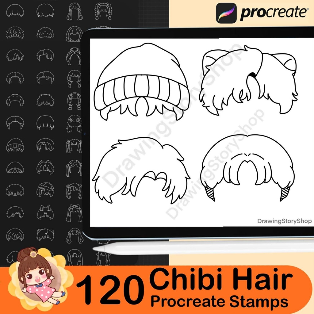 120 Procreate Hair Stamp Brushes, Chibi Hair Brushes, Hairstyles Stamps, Anime Hair Brushes,Procreate Hairstyle Stamps