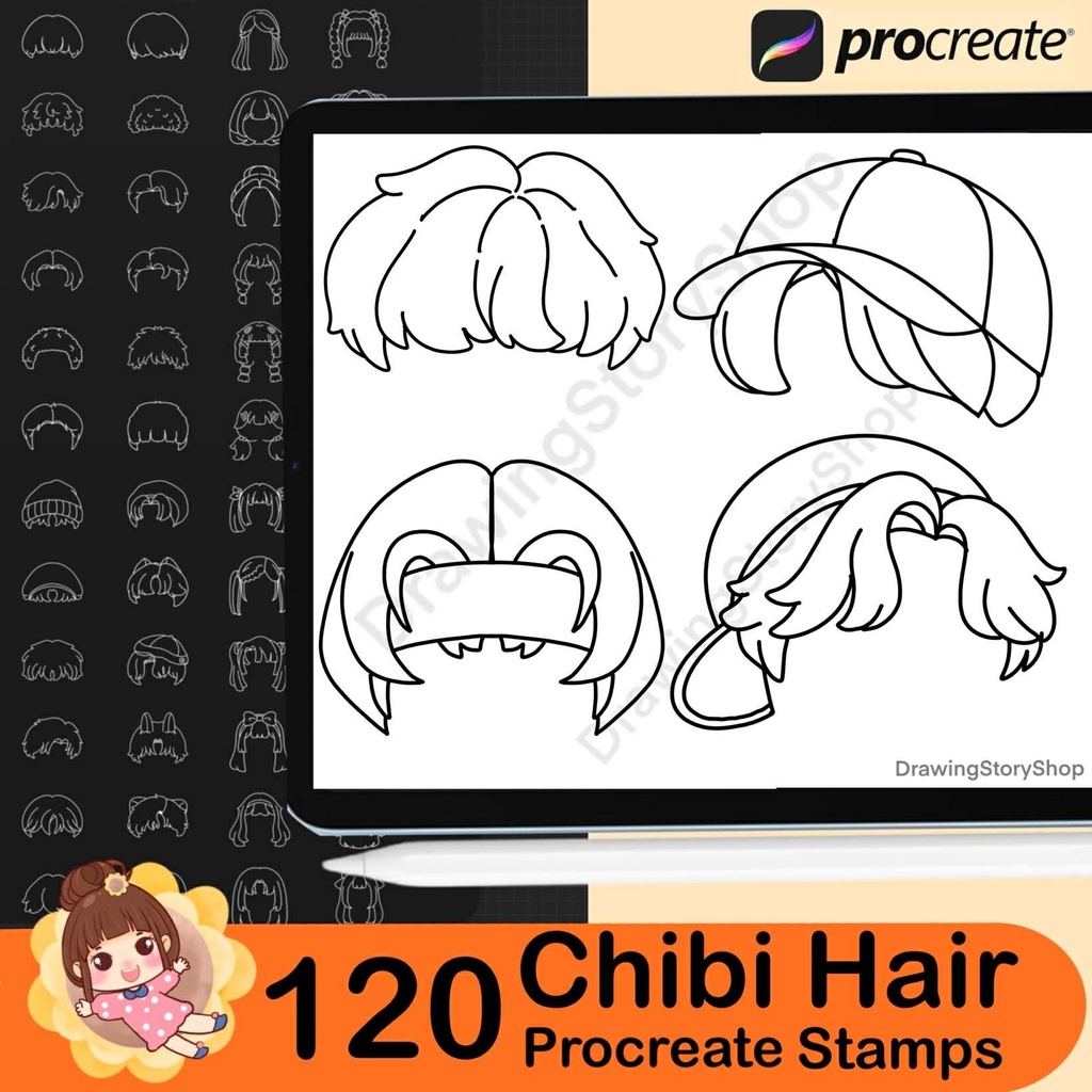120 Procreate Hair Stamp Brushes, Chibi Hair Brushes, Hairstyles Stamps, Anime Hair Brushes,Procreate Hairstyle Stamps