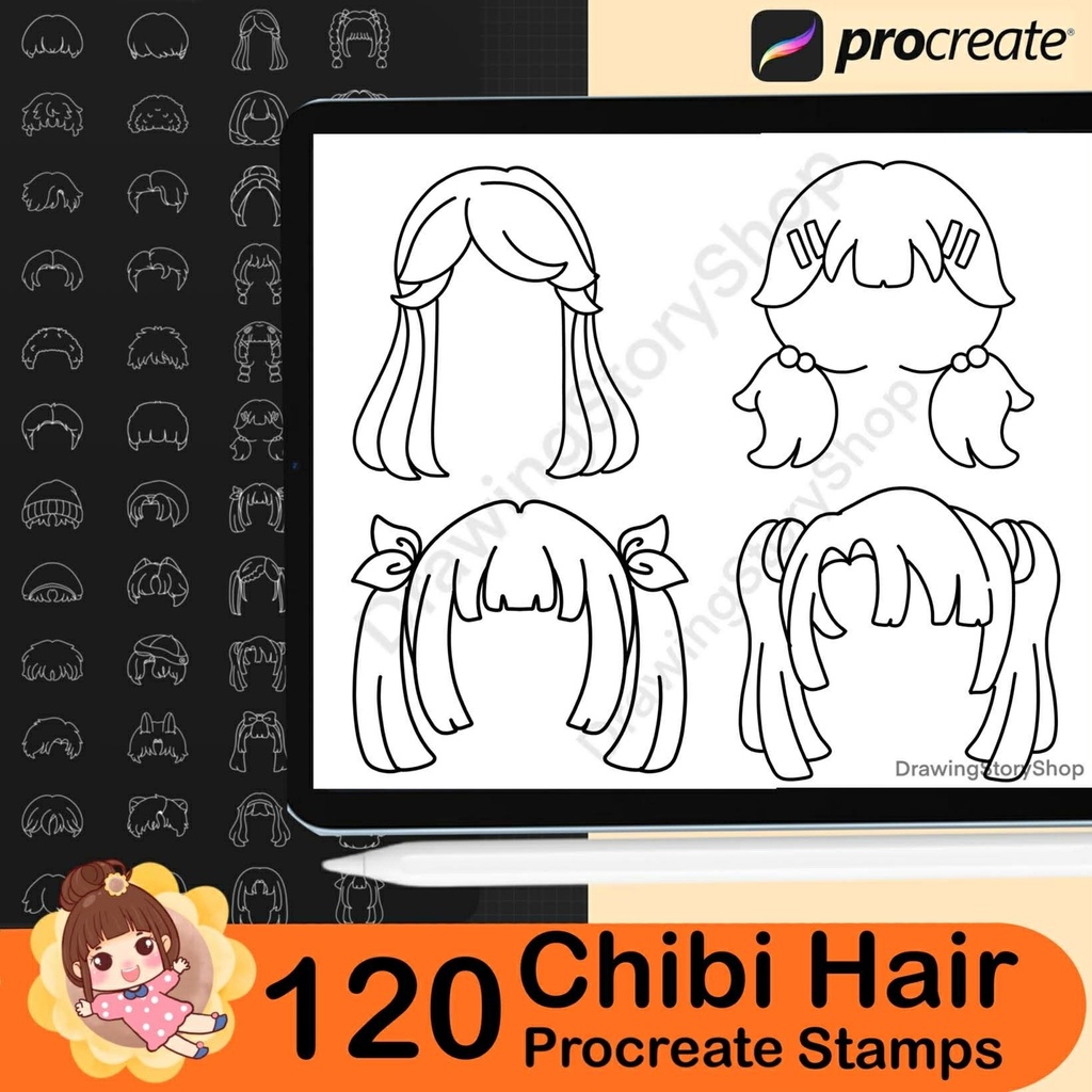 120 Procreate Hair Stamp Brushes, Chibi Hair Brushes, Hairstyles Stamps, Anime Hair Brushes,Procreate Hairstyle Stamps