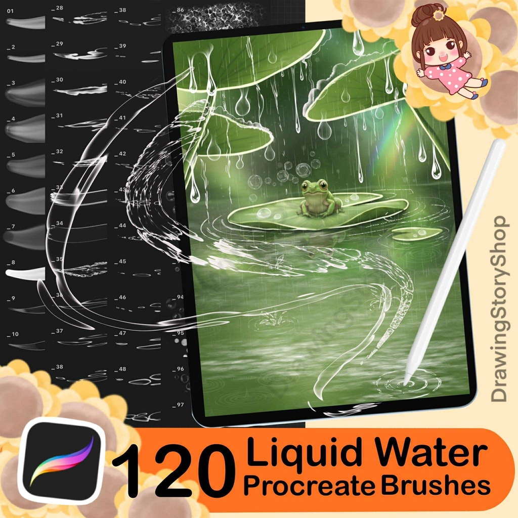 120 Procreate liquid brushes. Procreate white water, aqua flow brushes. Procreate bubbles, drip stamps
