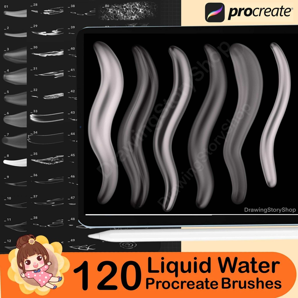 120 Procreate liquid brushes. Procreate white water, aqua flow brushes. Procreate bubbles, drip stamps