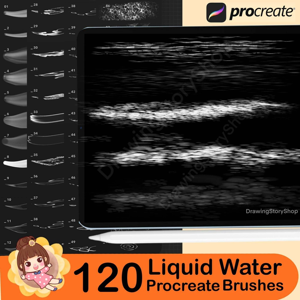 120 Procreate liquid brushes. Procreate white water, aqua flow brushes. Procreate bubbles, drip stamps