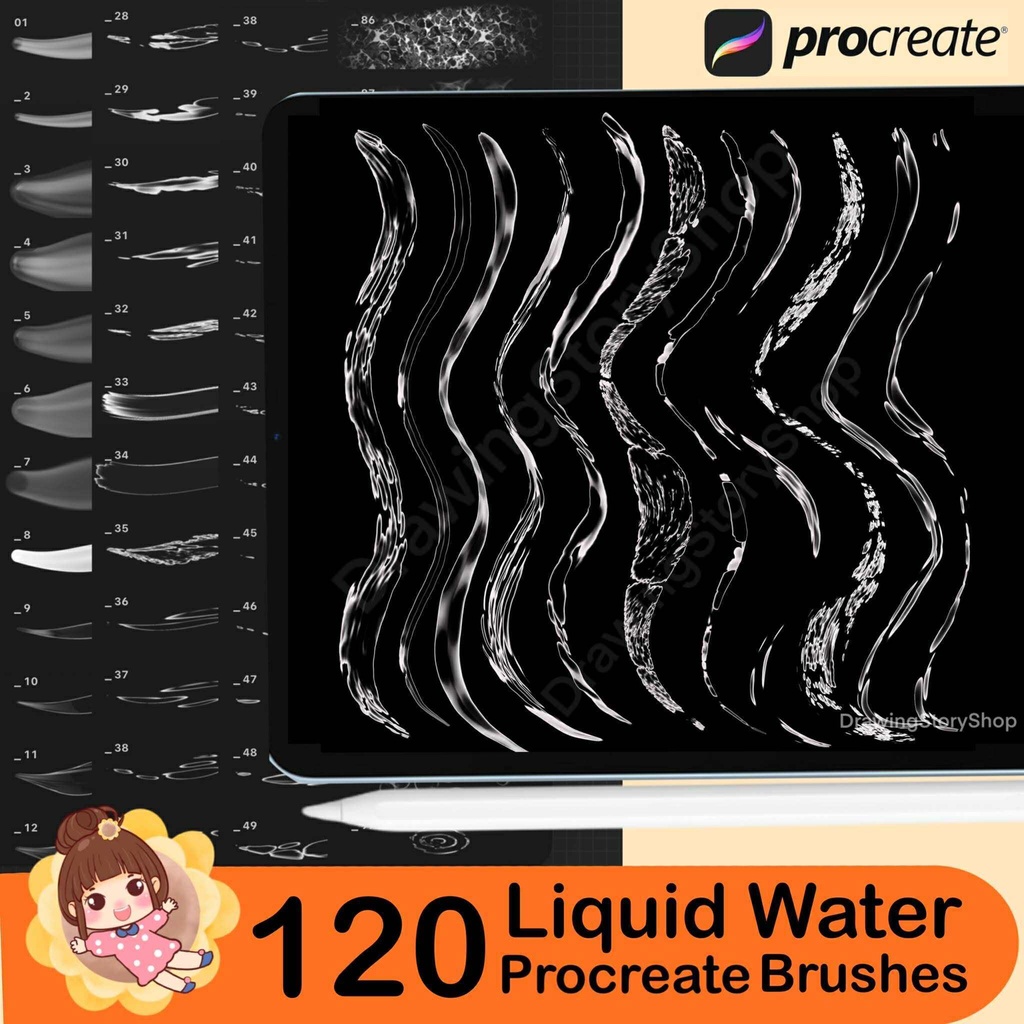 120 Procreate liquid brushes. Procreate white water, aqua flow brushes. Procreate bubbles, drip stamps