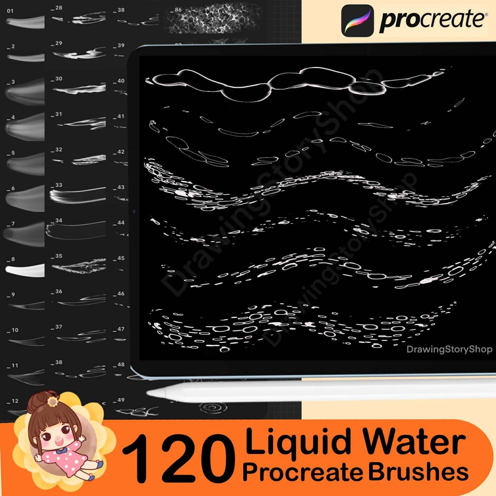 120 Procreate liquid brushes. Procreate white water, aqua flow brushes. Procreate bubbles, drip stamps