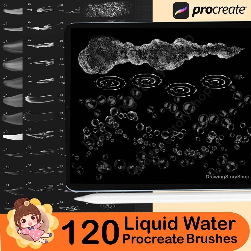 120 Procreate liquid brushes. Procreate white water, aqua flow brushes. Procreate bubbles, drip stamps