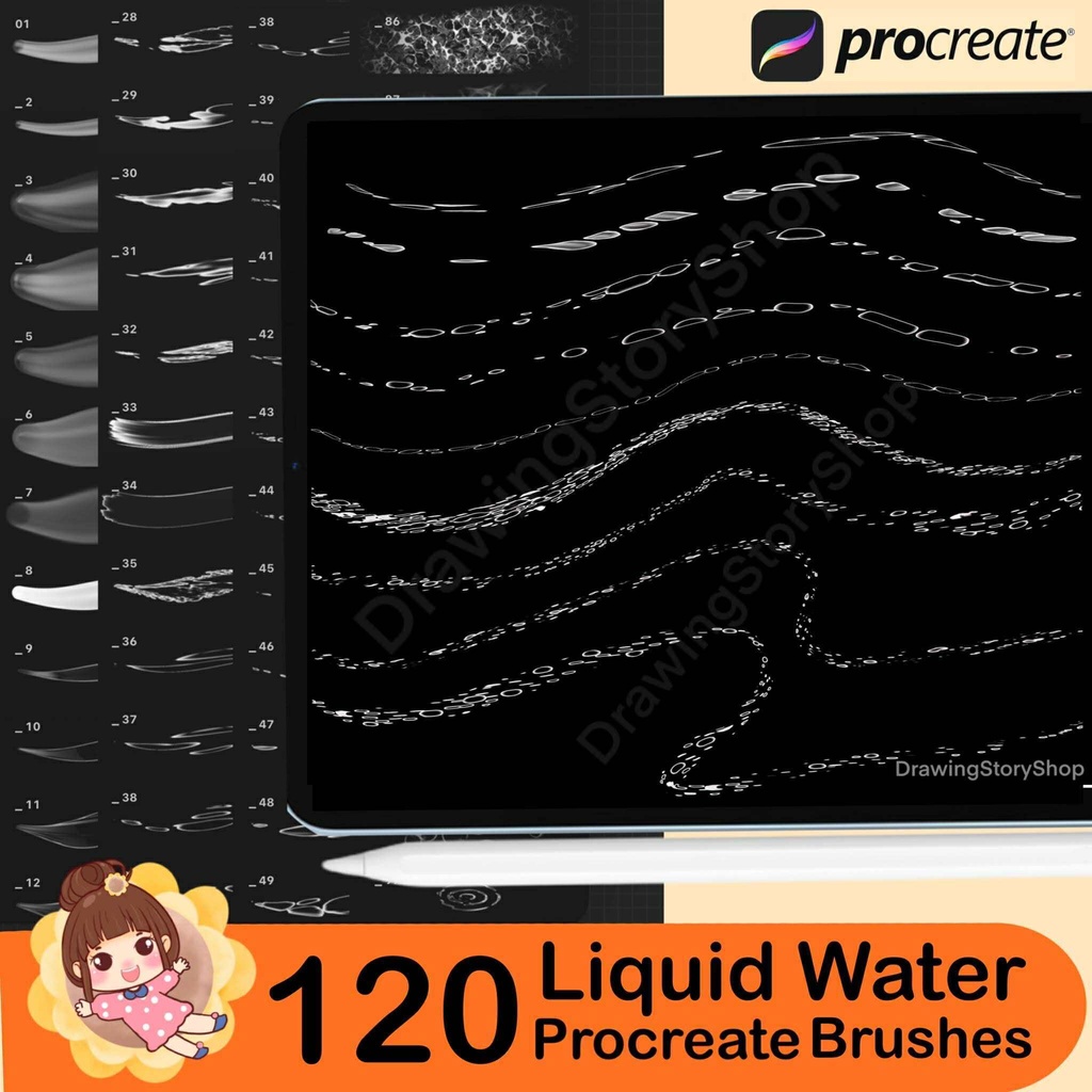 120 Procreate liquid brushes. Procreate white water, aqua flow brushes. Procreate bubbles, drip stamps
