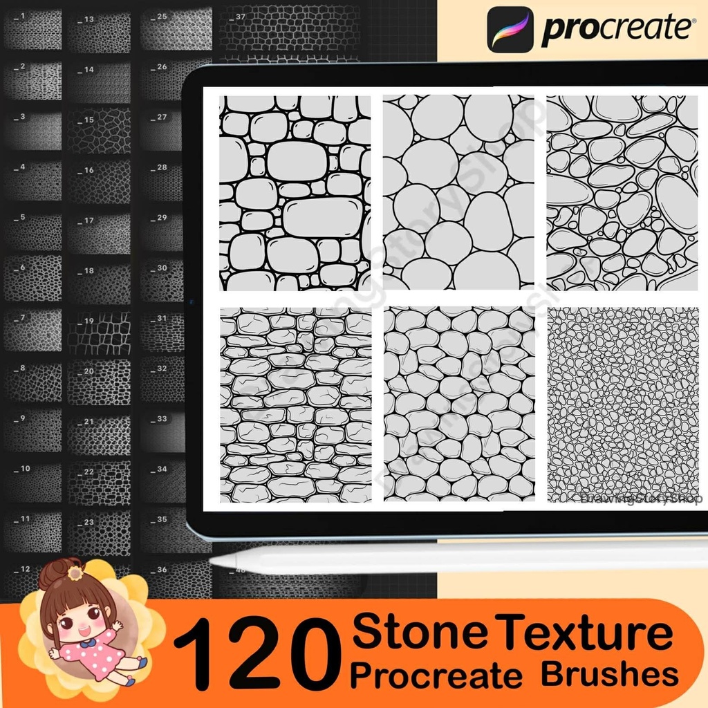 120 Procreate Manga Stone Texture Brushes – Seamless Rock, Brick, Marble & Pebble Patterns