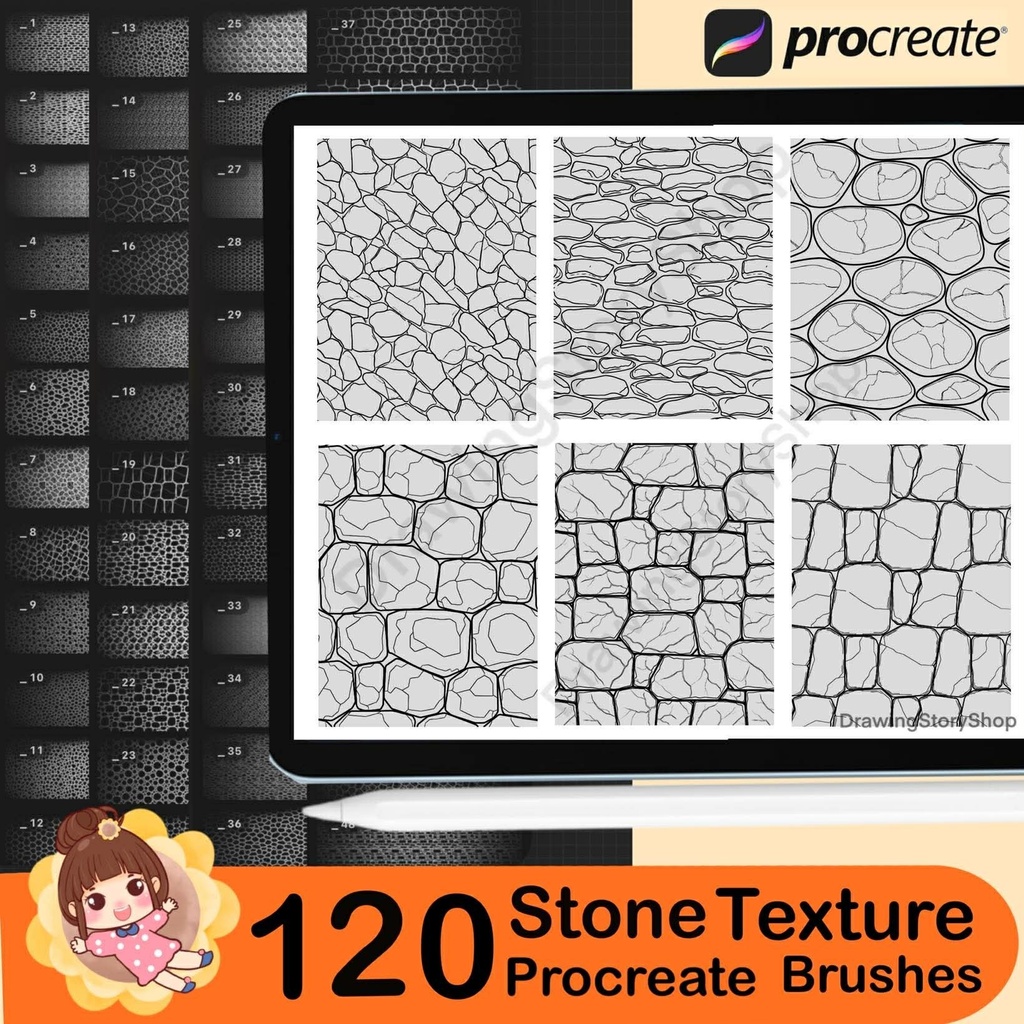 120 Procreate Manga Stone Texture Brushes – Seamless Rock, Brick, Marble & Pebble Patterns