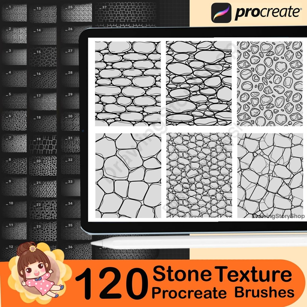 120 Procreate Manga Stone Texture Brushes – Seamless Rock, Brick, Marble & Pebble Patterns