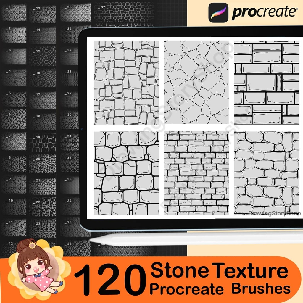 120 Procreate Manga Stone Texture Brushes – Seamless Rock, Brick, Marble & Pebble Patterns