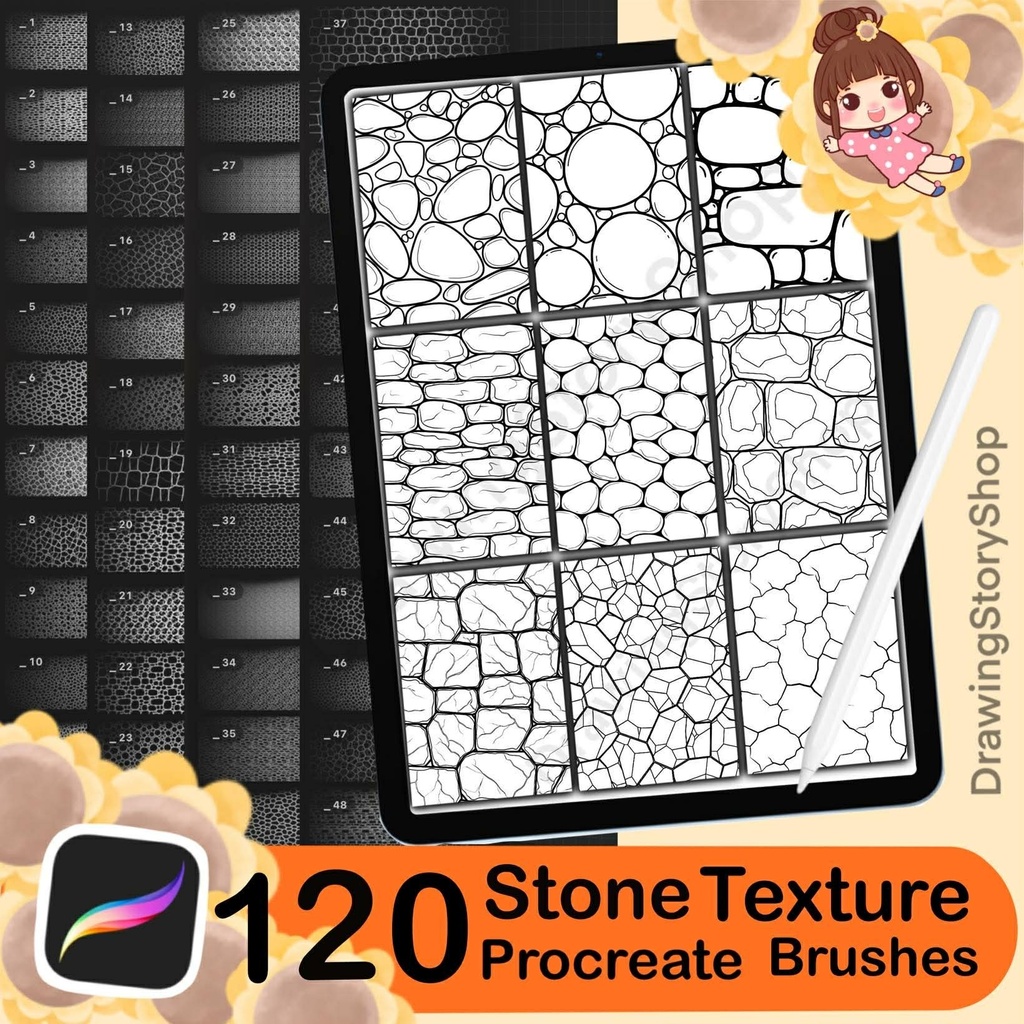 120 Procreate Manga Stone Texture Brushes – Seamless Rock, Brick, Marble & Pebble Patterns