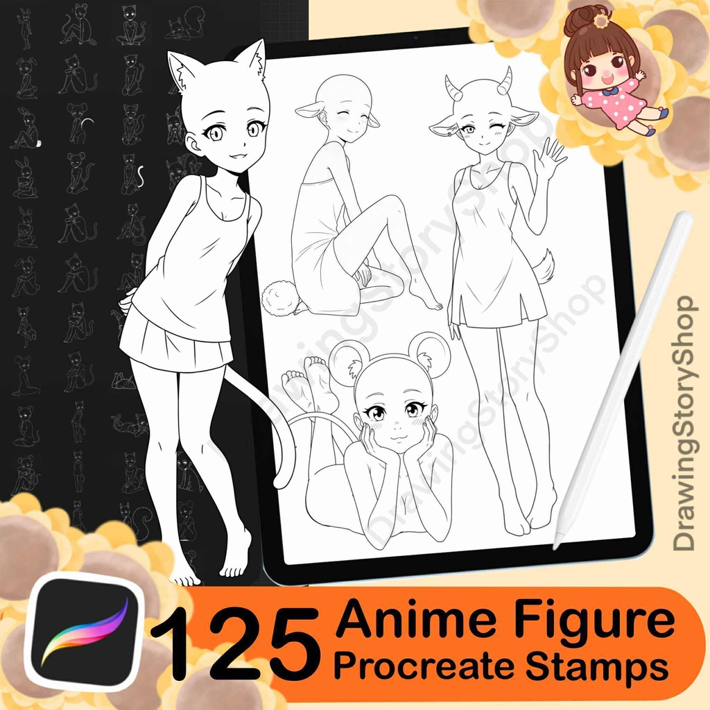 125 Procreate Anime Figure Stamps | Cute Animal Outfit Girl Bases in Manga Style | Fantasy Character Reference for Artists