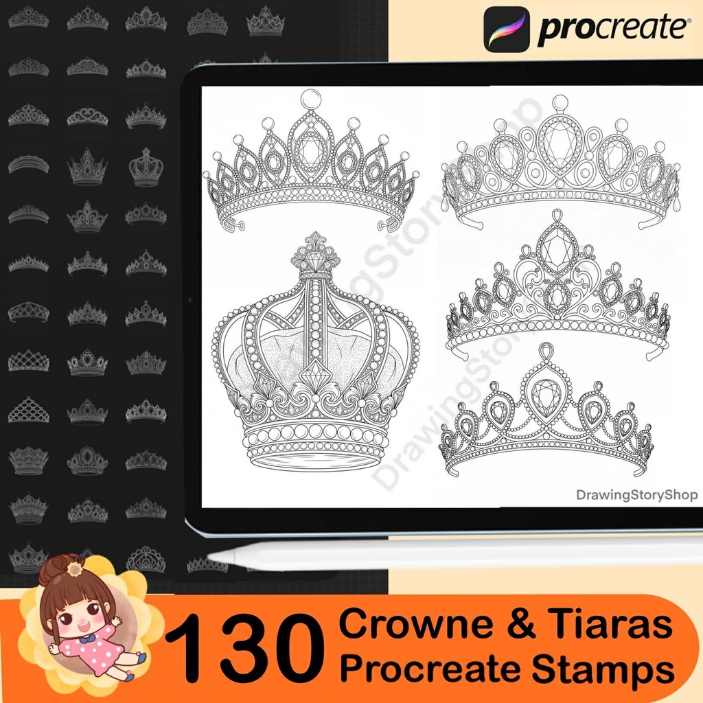 130 Procreate Crowns Stamps | luxurious Crowns Procreate Brushes | Tiara Procreate Brushes | Jewelry Procreate | Fashion Procreate