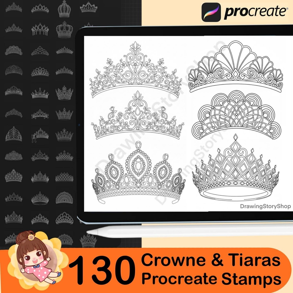 130 Procreate Crowns Stamps | luxurious Crowns Procreate Brushes | Tiara Procreate Brushes | Jewelry Procreate | Fashion Procreate