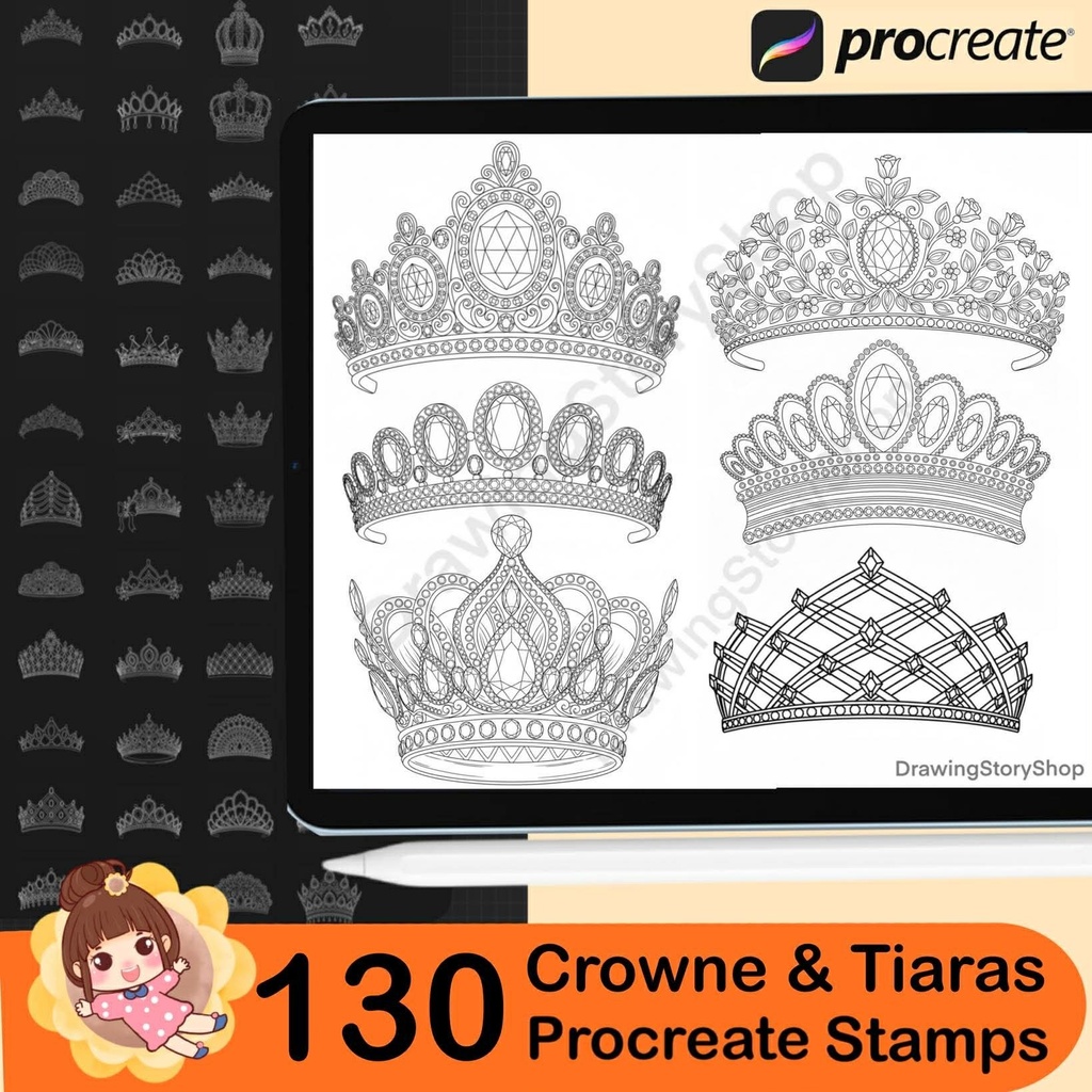 130 Procreate Crowns Stamps | luxurious Crowns Procreate Brushes | Tiara Procreate Brushes | Jewelry Procreate | Fashion Procreate