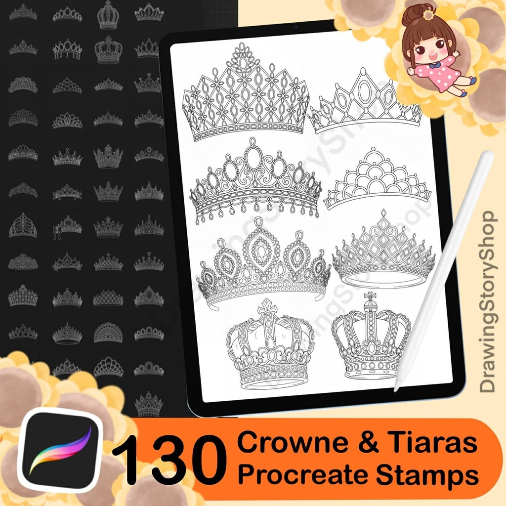 130 Procreate Crowns Stamps | luxurious Crowns Procreate Brushes | Tiara Procreate Brushes | Jewelry Procreate | Fashion Procreate