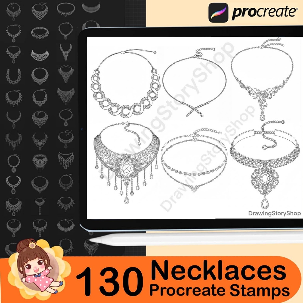130 Procreate Luxury Diamond Necklace Brushes Stamps | Elegant Jewelry Stamp for Anime & Character Design