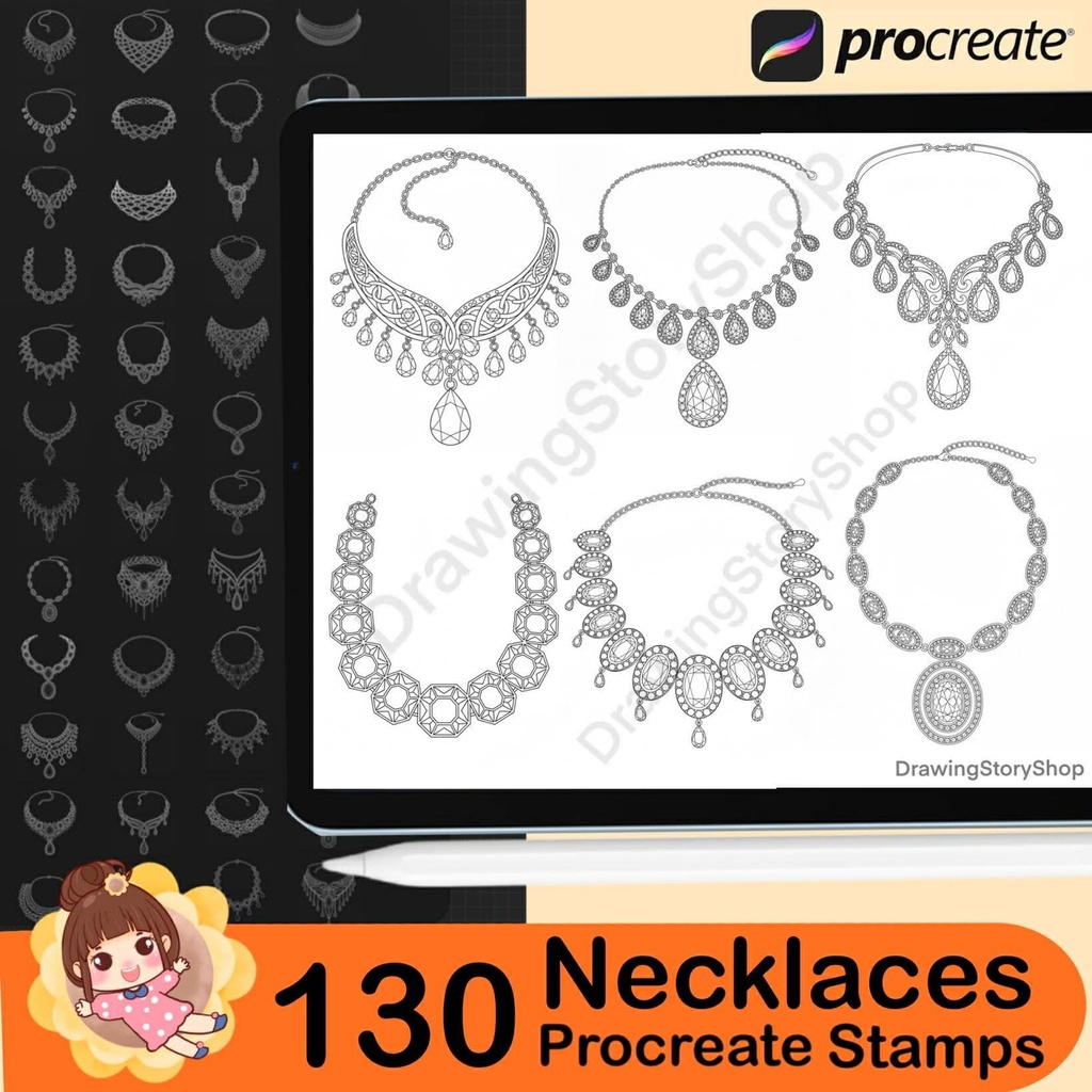 130 Procreate Luxury Diamond Necklace Brushes Stamps | Elegant Jewelry Stamp for Anime & Character Design