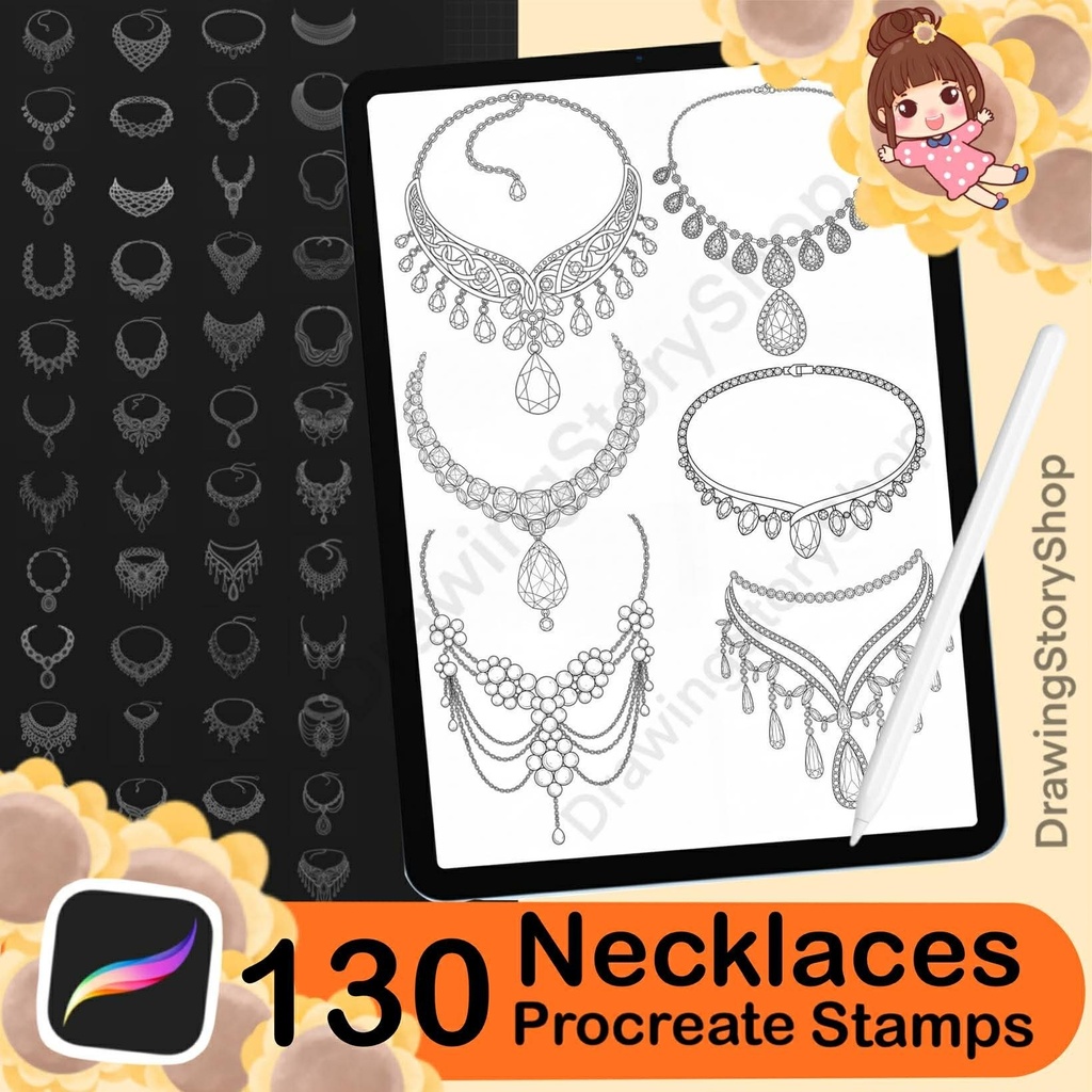 130 Procreate Luxury Diamond Necklace Brushes Stamps | Elegant Jewelry Stamp for Anime & Character Design