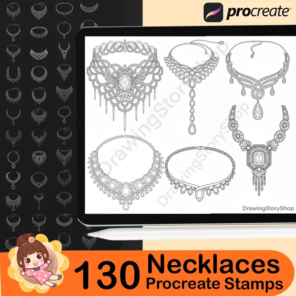 130 Procreate Luxury Diamond Necklace Brushes Stamps | Elegant Jewelry Stamp for Anime & Character Design