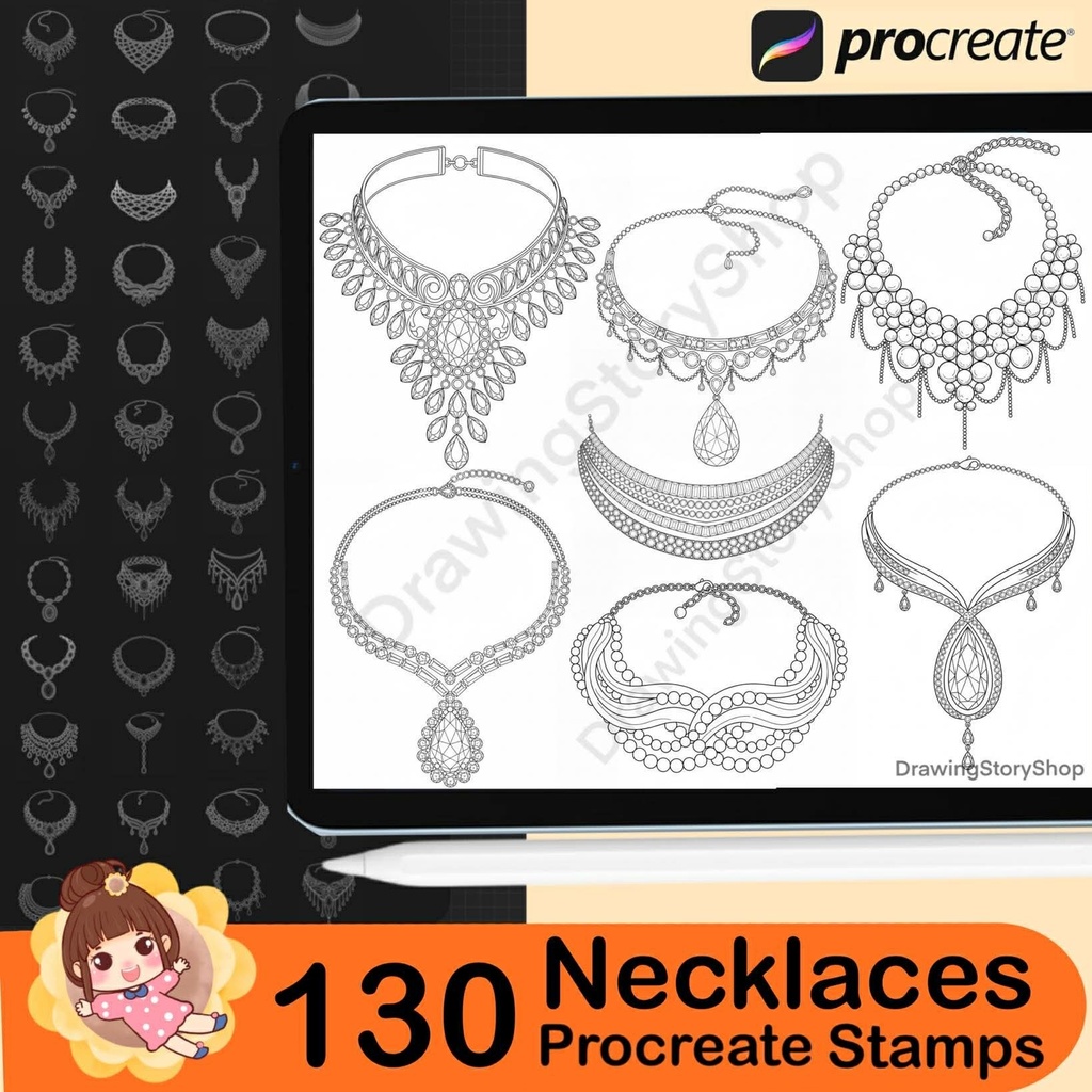 130 Procreate Luxury Diamond Necklace Brushes Stamps | Elegant Jewelry Stamp for Anime & Character Design