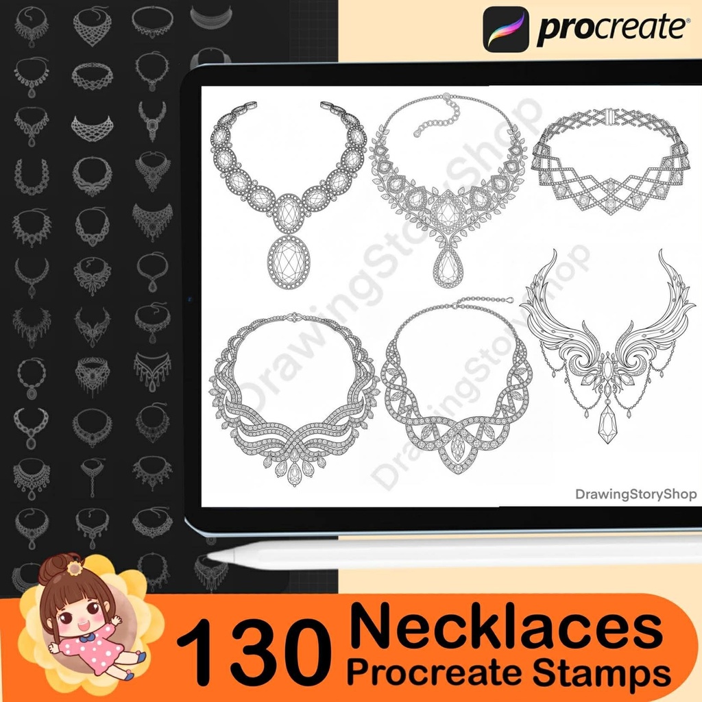 130 Procreate Luxury Diamond Necklace Brushes Stamps | Elegant Jewelry Stamp for Anime & Character Design