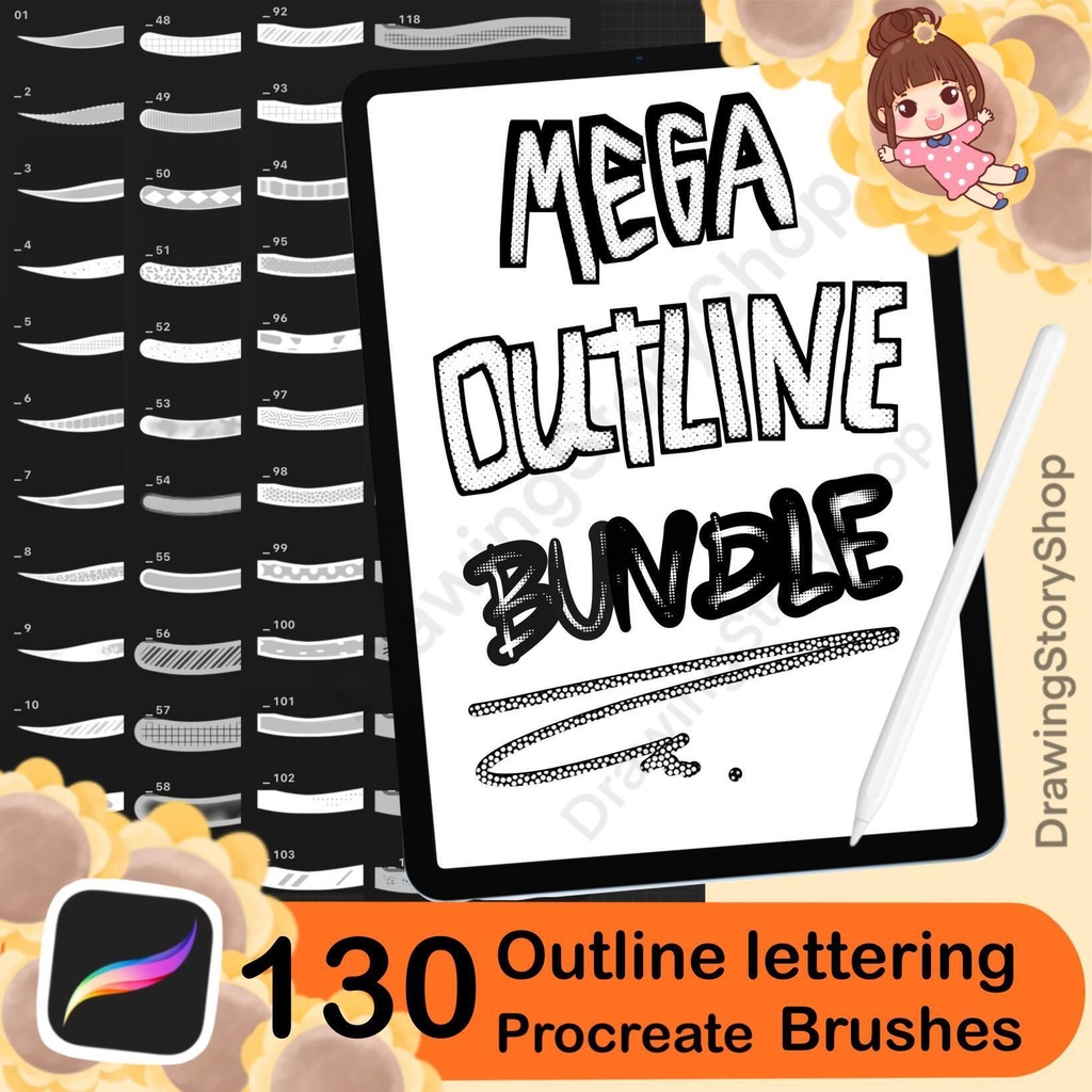 130 Procreate Outline Lettering Brushes – Calligraphy & Graffiti Brush Pack, Outline Fonts, Instant Download