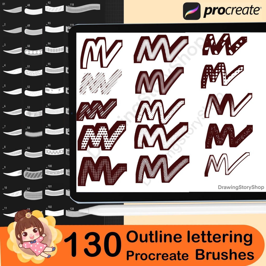 130 Procreate Outline Lettering Brushes – Calligraphy & Graffiti Brush Pack, Outline Fonts, Instant Download
