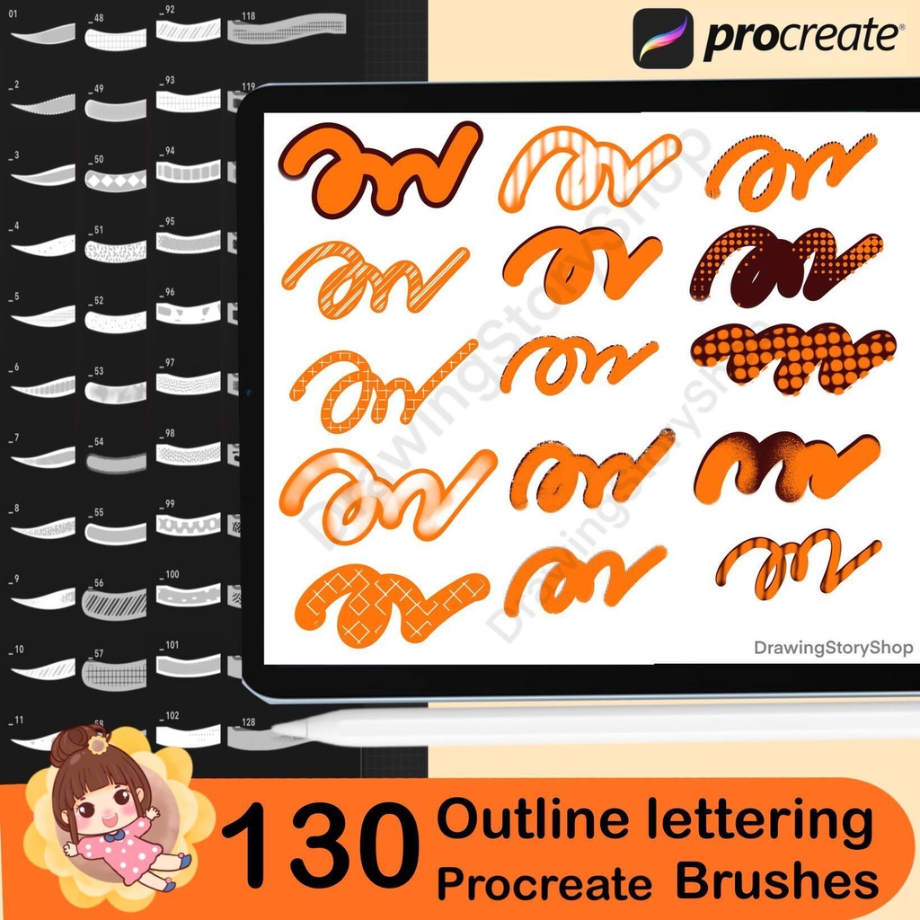 130 Procreate Outline Lettering Brushes – Calligraphy & Graffiti Brush Pack, Outline Fonts, Instant Download