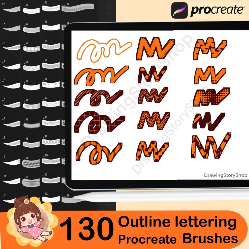 130 Procreate Outline Lettering Brushes – Calligraphy & Graffiti Brush Pack, Outline Fonts, Instant Download