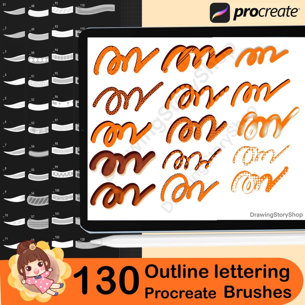130 Procreate Outline Lettering Brushes – Calligraphy & Graffiti Brush Pack, Outline Fonts, Instant Download