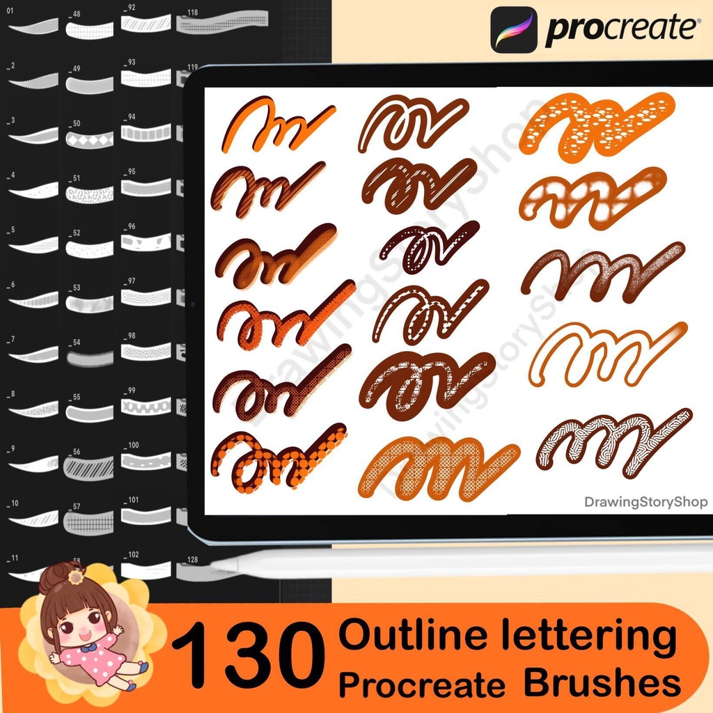 130 Procreate Outline Lettering Brushes – Calligraphy & Graffiti Brush Pack, Outline Fonts, Instant Download