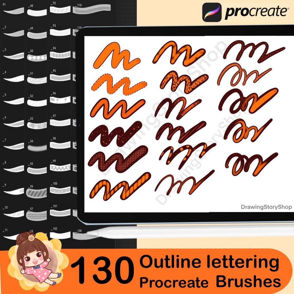 130 Procreate Outline Lettering Brushes – Calligraphy & Graffiti Brush Pack, Outline Fonts, Instant Download