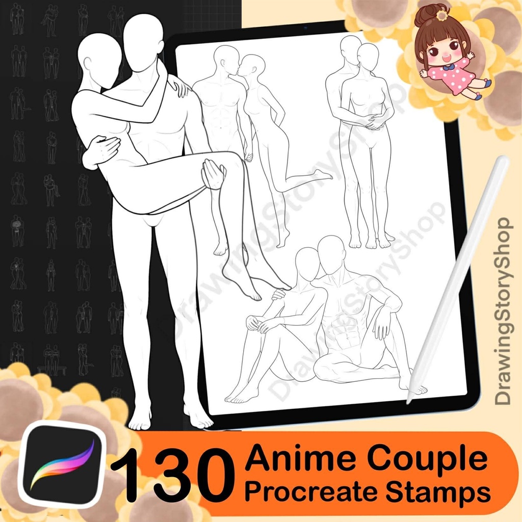 130 Procreate Soft Romance Anime Couple Stamp Brushes | Everyday Manga Poses | Cute Couple Line Art | Procreate Stamp Brush Set