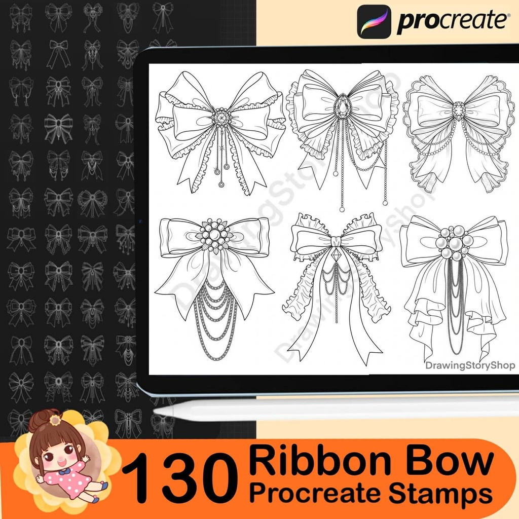 130 Ribbon Bow Outline Stamps: Coquette Procreate Tattoo Brushes