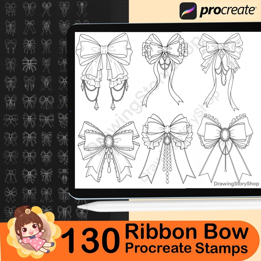 130 Ribbon Bow Outline Stamps: Coquette Procreate Tattoo Brushes