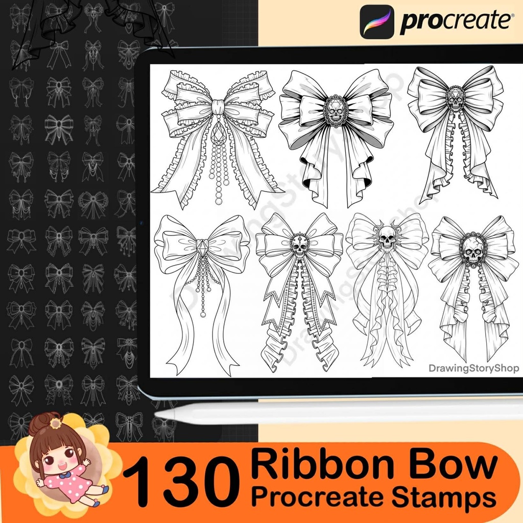 130 Ribbon Bow Outline Stamps: Coquette Procreate Tattoo Brushes