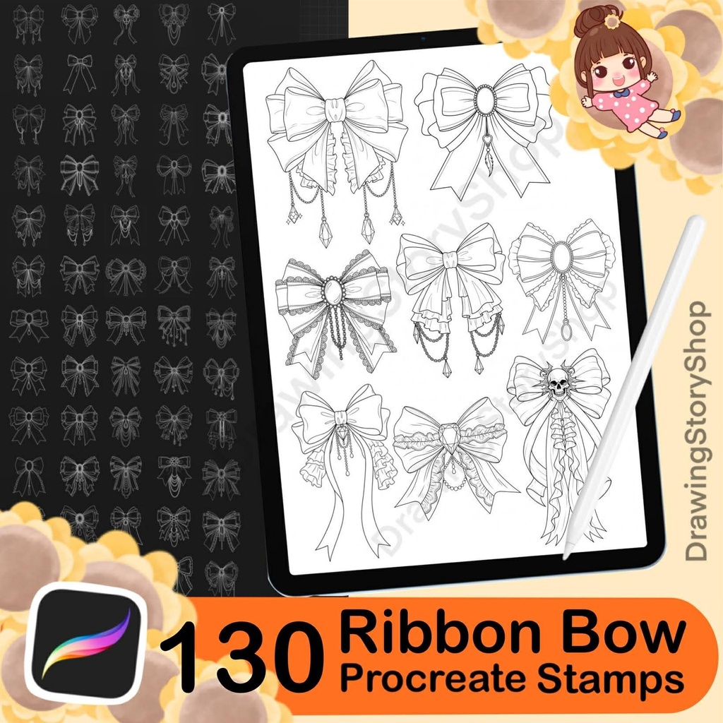 130 Ribbon Bow Outline Stamps: Coquette Procreate Tattoo Brushes