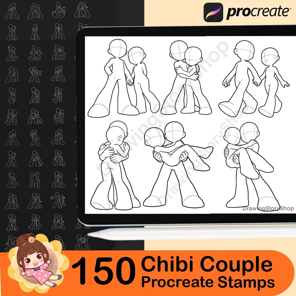 150 Chibi Couple Pose Stamps for Procreate | Cute Kawaii Romantic Couple Drawing Base | Chibi Love Pose Reference Pack