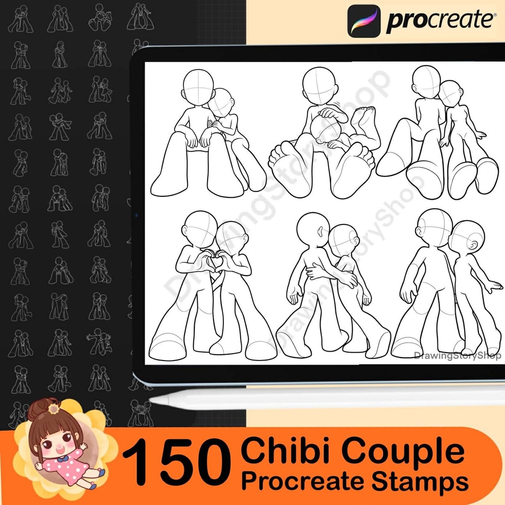 150 Chibi Couple Pose Stamps for Procreate | Cute Kawaii Romantic Couple Drawing Base | Chibi Love Pose Reference Pack