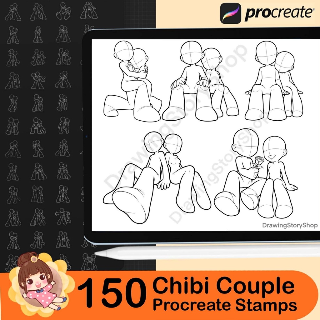 150 Chibi Couple Pose Stamps for Procreate | Cute Kawaii Romantic Couple Drawing Base | Chibi Love Pose Reference Pack