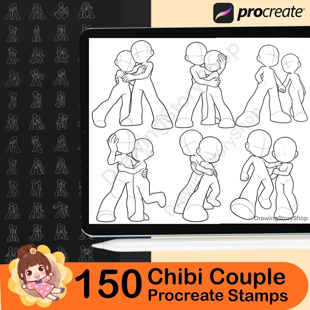 150 Chibi Couple Pose Stamps for Procreate | Cute Kawaii Romantic Couple Drawing Base | Chibi Love Pose Reference Pack